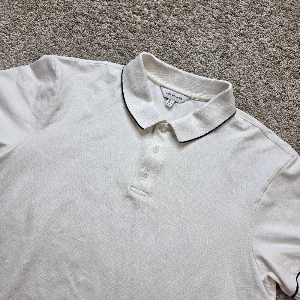 Club Monaco Polo Shirt Mens Large White Cotton Tipped Trim Preppy Smart Casual